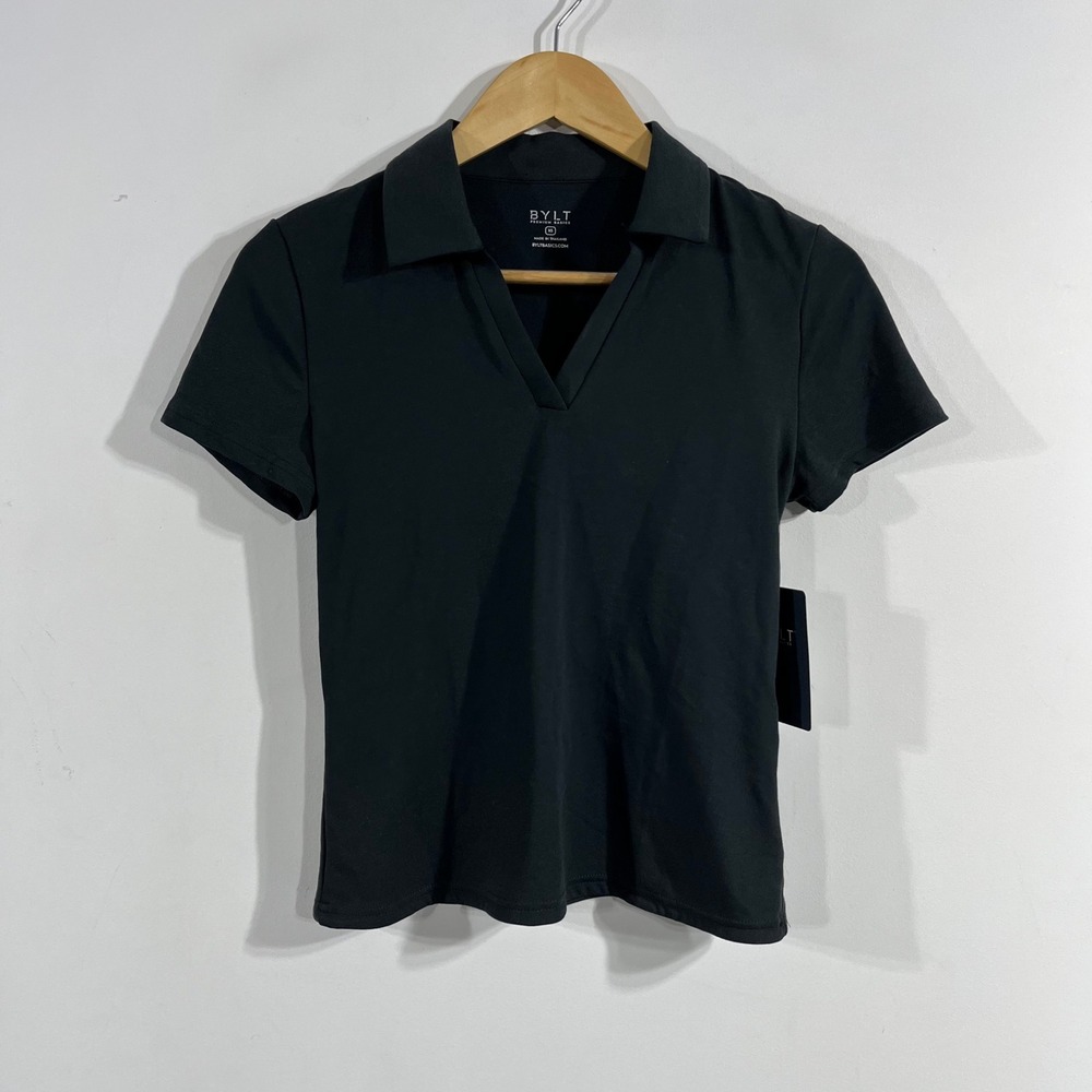 BYLT Sporty Premium Basics Athleisure Golf Tennis V-Neck Polo Shirt Black XS NWT